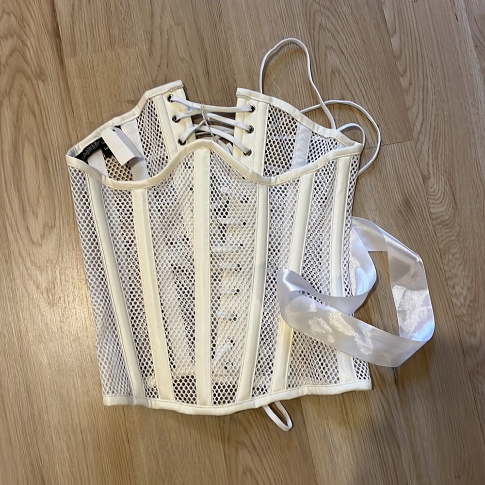 Metal Ribbed Mesh White Corset Top by Daisy Corsets